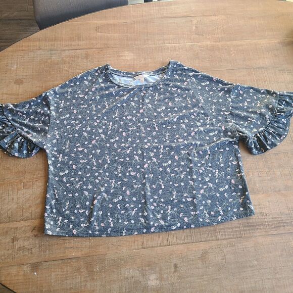 LC Lauren Conrad Women's XXL Gray Floral 3/4 Ruffle Sleeve Light Sweatshirt - Picture 2 of 5